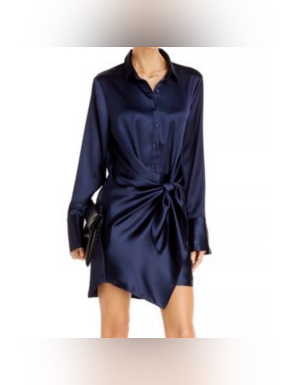 Aqua Tie-front Long Sleeve Dress in Navy